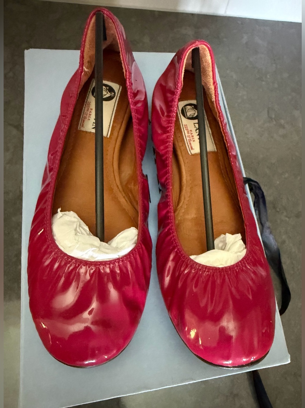 Lanvin Paris Hot Pink Fuchsia Patent Leather Elastic Scrunch Ballet Flats